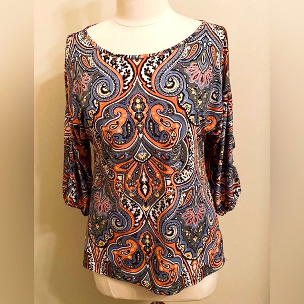 Lux II Blue Orange Paisley Print SZ M Boho Chic Festival Cold Shoulder Top